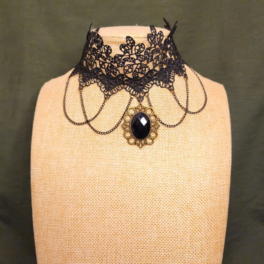 Goth Gemstone Simple Black Lace Choker Bracelet Bundle